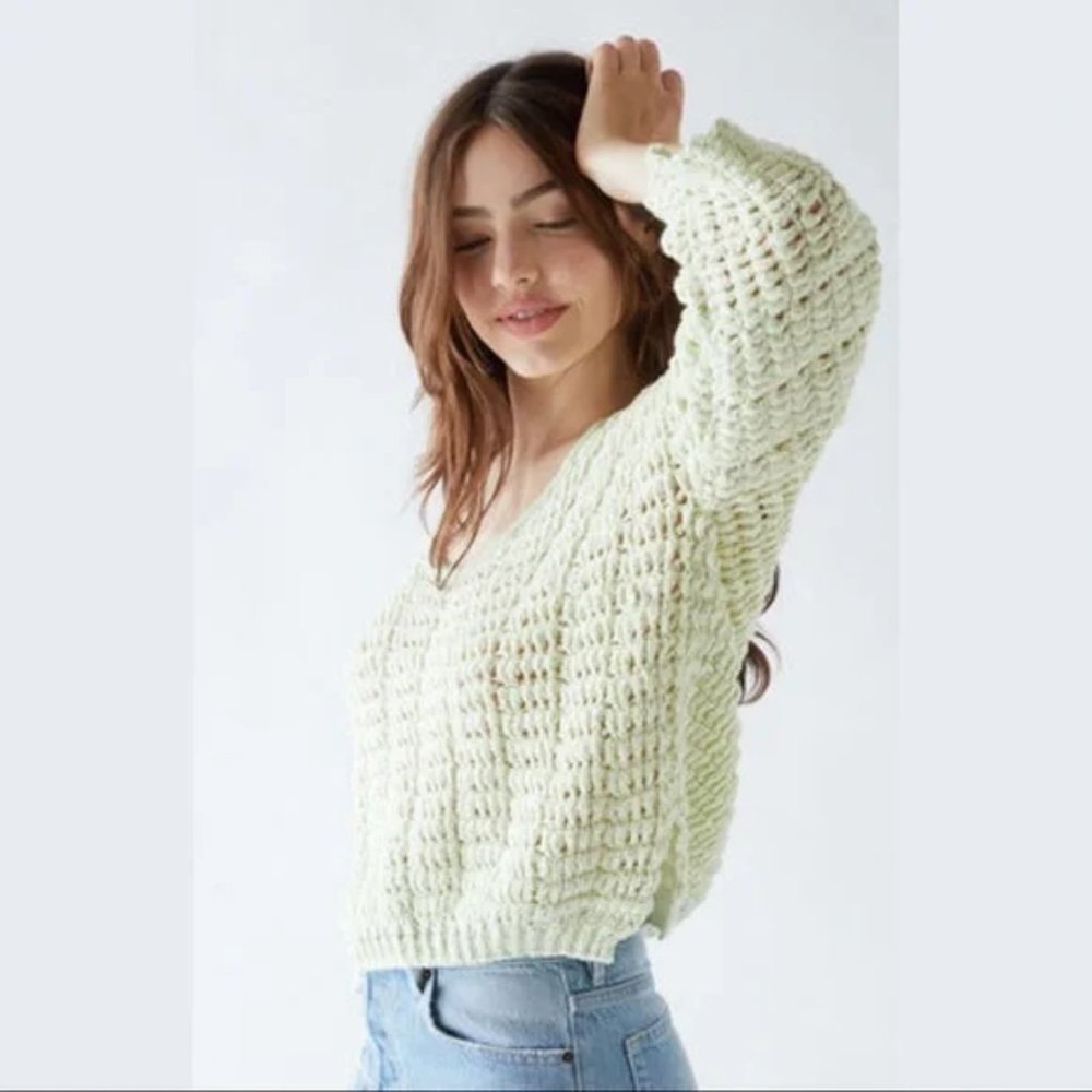 Free People Cozy Pullover Open Knit Sweater Sugared Mint Green NWT Size Small